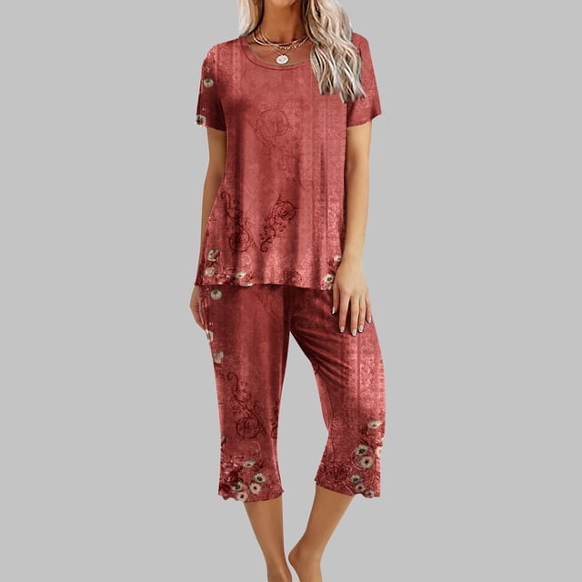 Qiopertar Ensemble de Pyjama à Manches Courtes et Col Rond Imprimé pour Femmes avec Poches Livraison Gratuite Offres de la Semaine Liquidation