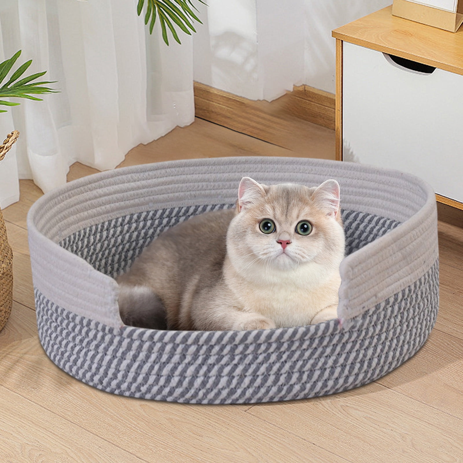 RoamHome Woven Cotton Rope Pet Nest for Cats & Dogs - Breathable Round Cat Bed with Scratch-Resistant Design, Extra Large Soft Pet House for Small/Medium Pets, Summer Cooling Bed(15x5in)