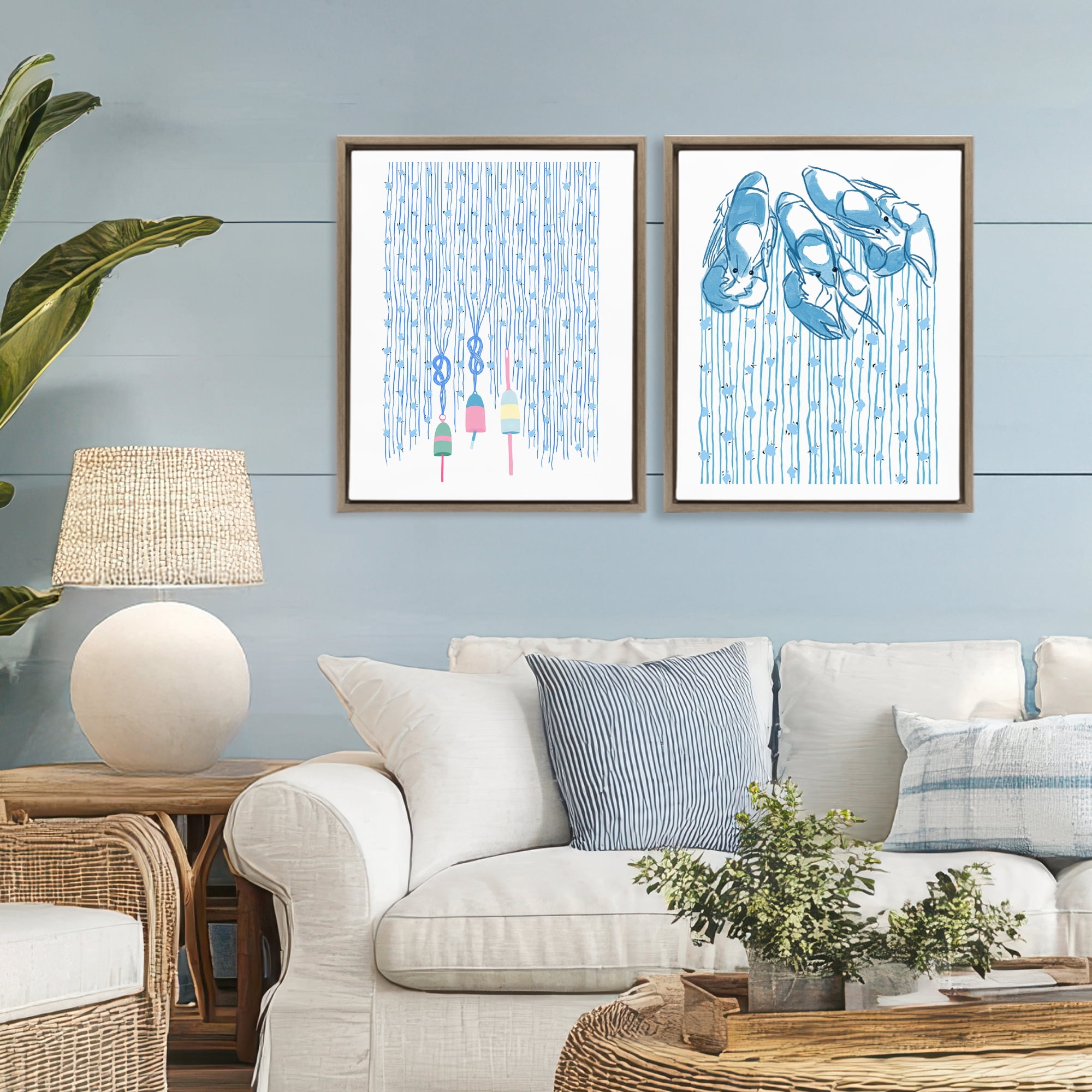Stupell Industries Nautical Buoys & Lobsters 2 Piece Brown Framed Floater Canvas Set, design by Melissa Tilley
