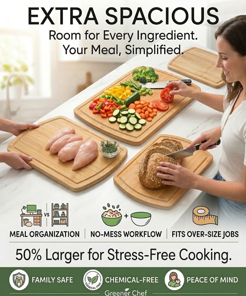 Greener Chef Luxury Bamboo Cutting Board Set of 3, Glue-Free Surface Technology, Extra Spacious XL Wood Kitchen Chopping Boards, Lifetime Replacement