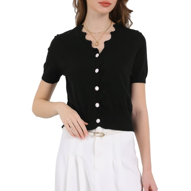Suéteres de punto cortos de manga corta con cuello en V para mujeres Inspire Chic XL negro