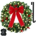 thumbnail image 6 of 24 Inch Christmas Wreath, Pre-Lit with Warm White LEDs and Red Berries, Classic Indoor Outdoor Decor, 6 of 8