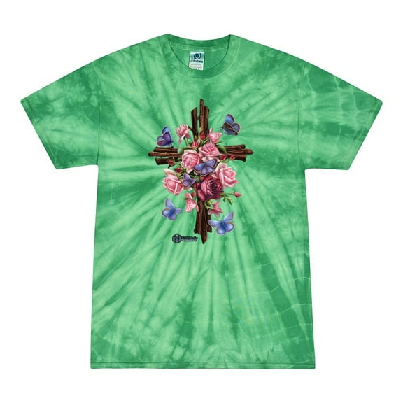 Wild Bobby, Cross with Flowers and Butterflies, Inspirational/Christian, Tie-Dye Tees, Spiral Kelly, Large