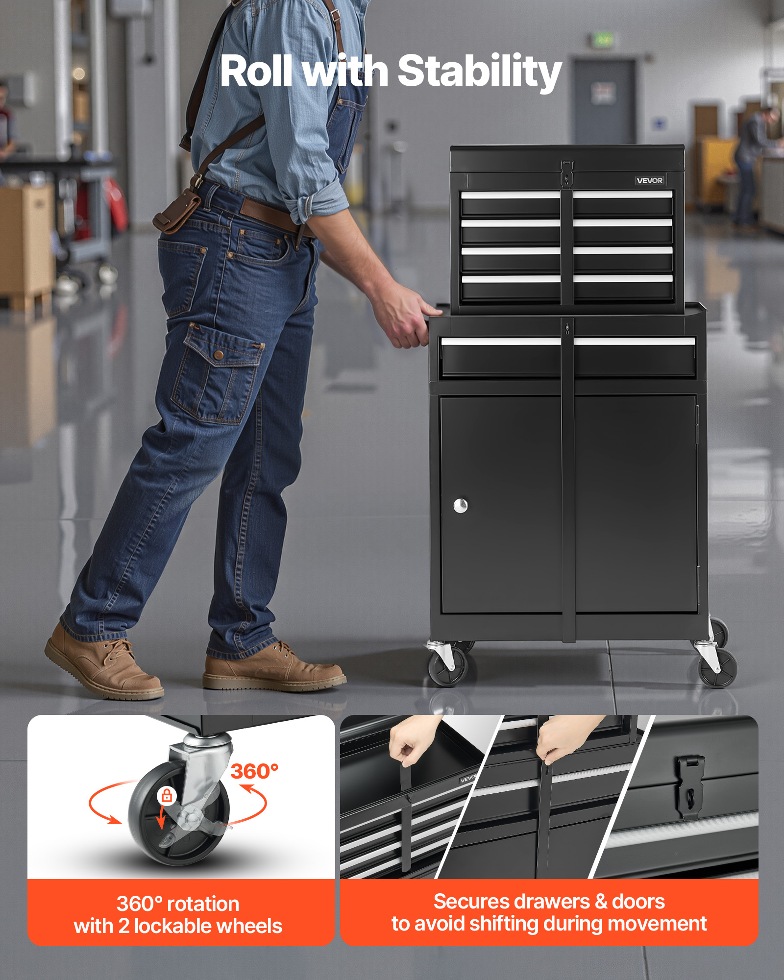 VEVOR Rolling Tool Chest, 2-in-1 Design, 5 Drawers Tool Cabinet Organizer with Detachable Top Metal Toolbox, Lock Bar, Protective Liner, and Tools Rack, Garage Storage Cabinet for Warehouse, Workshop