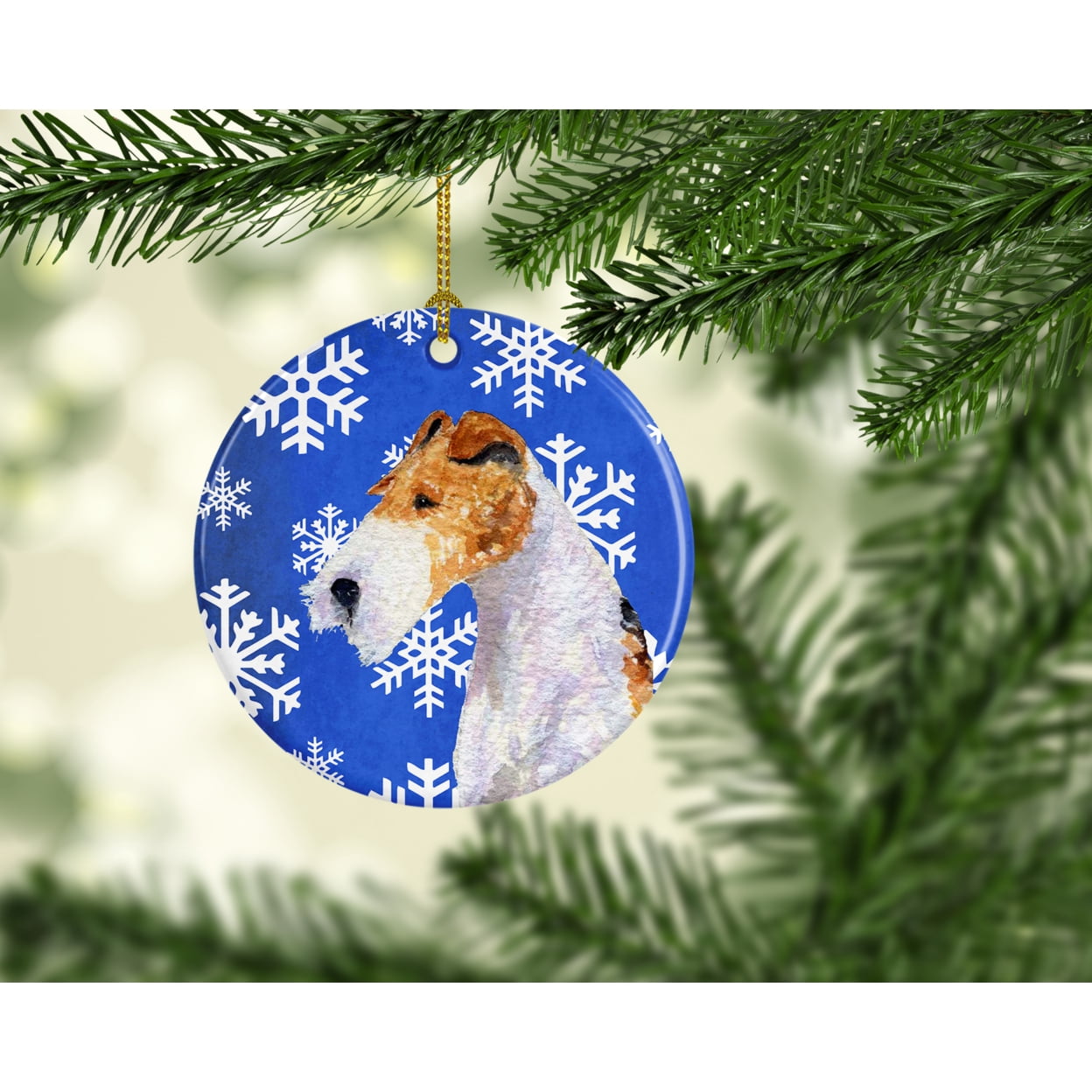 Carolines Treasures SS4616-CO1 Fox Terrier Winter Snowflakes Holiday Ceramic Ornament 3 in multicolor