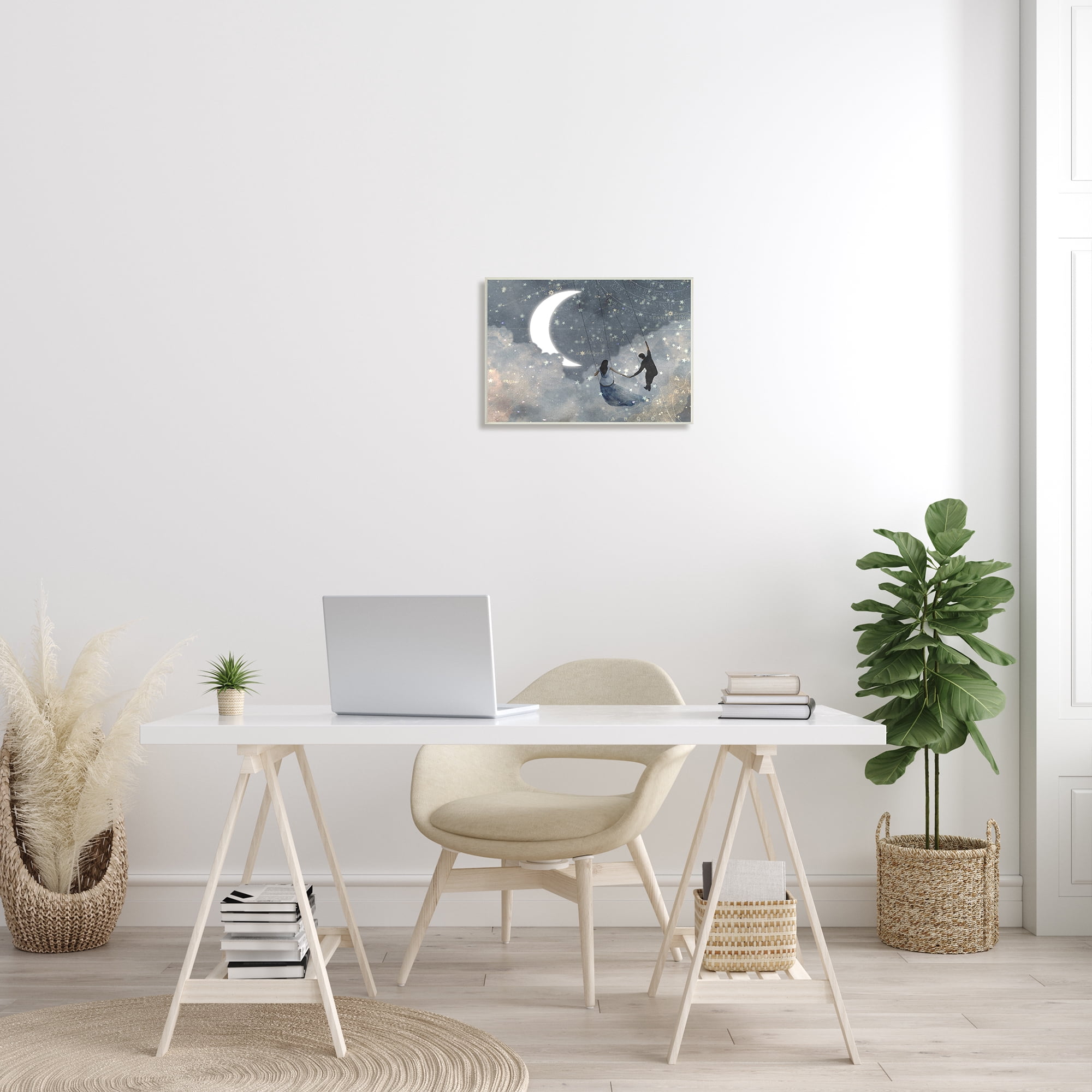 The Stupell Home Decor Collection Grey and Blue Celestial Love Sky Swinging by the Crescent Moon and Stars Oversized Wall Plaque Art, 12.5 x 0.5 x 18.5