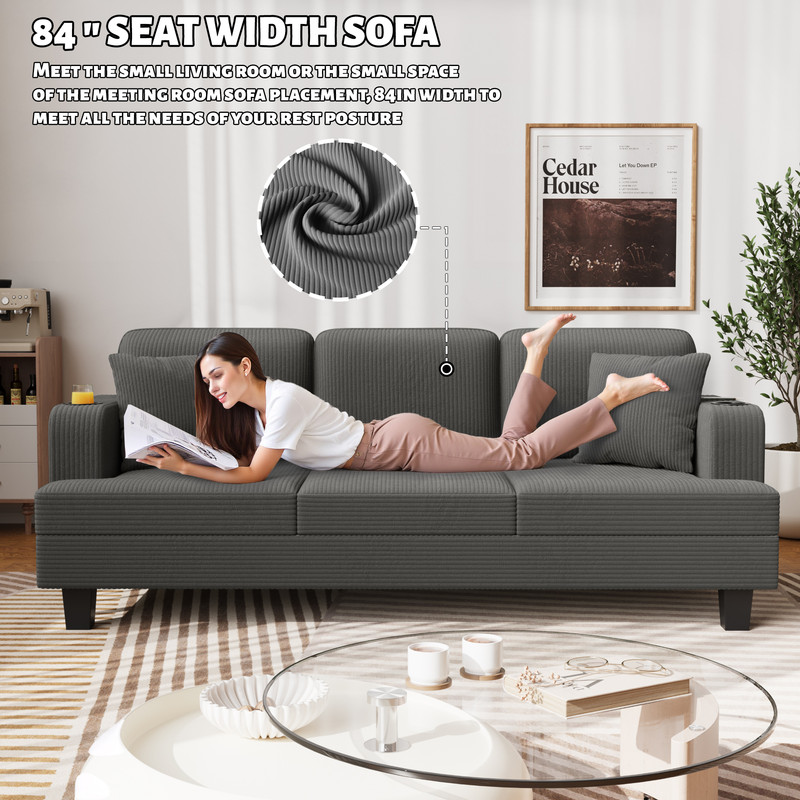 Homall 84''W Modern Sofa 3 Seat Adult Corduroy Couch with Wide Armrest Fabric Couch with USB Charging Ports for Living Room, Gray