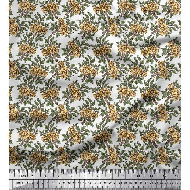 Soimoi Polyester Crepe Fabric Leaves & Floral Block Fabric Prints by Yard 52 Inch Wide