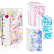UgyDuky 13 Pieces A6 Binder Cover with A6 Soft PVC 6-Ring Binder Zipper Pockets, Includes 12 Pieces A6 Glitter Notebook