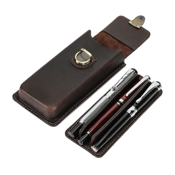 Handmade Genuine Leather 3 Slot Hard Fountain Pen Case Pen Storage Box Organizer