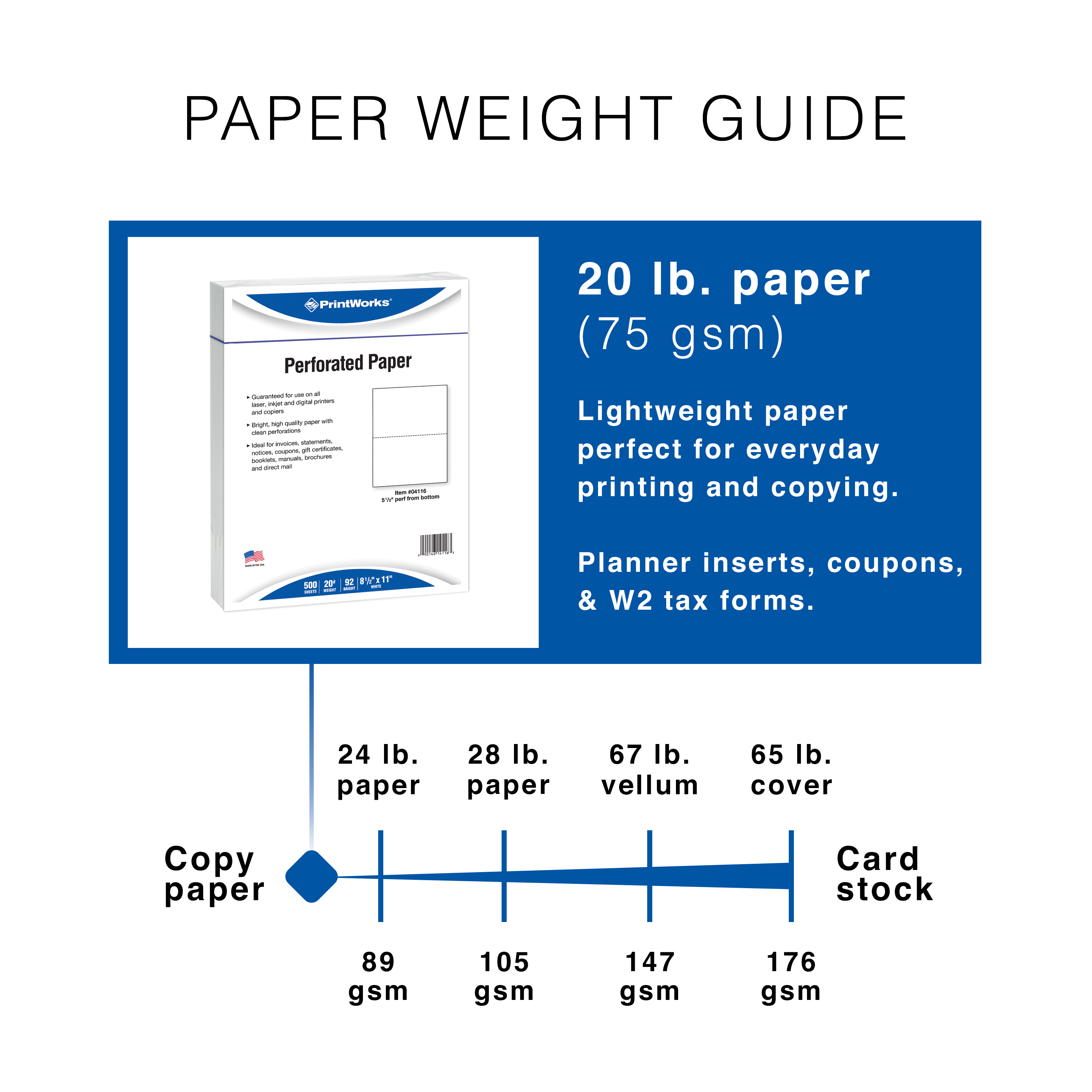 PrintWorks Professional Half Sheet Perforated Paper 8.5” x 11” - Perfect For W-2, 1099, & Statement Use - Made in the USA - 2500 Sheets - 20 lb -  Printer Compatible - White (04116C)