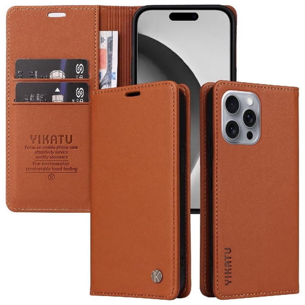 Funda para iPhone 16 Pro Max Estuche de Cuero PU Tipo Cartera con Ranuras para Tarjetas y Cierre Magnético