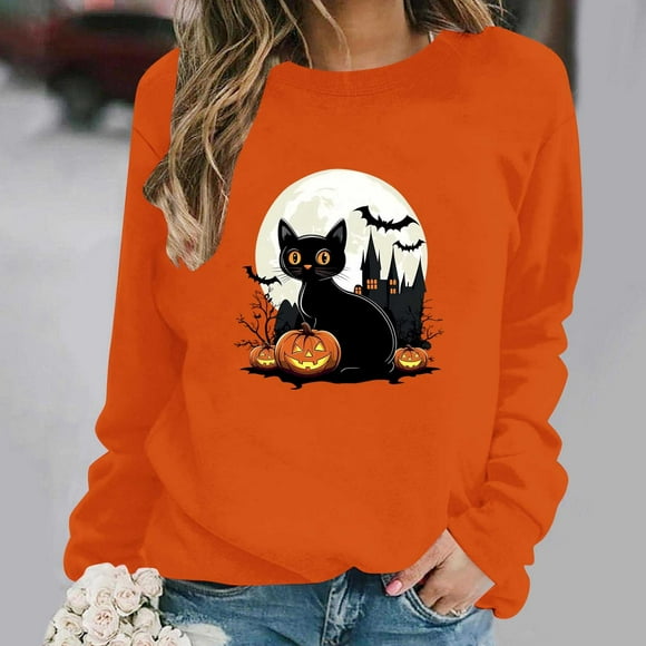 Pisexur Long Sleeve Shirt Women High-Quality Fabric Womens Tops Women's Loose And Casual Halloween Printed Long-sleeved Round-neck Capless Sweater Orange,M