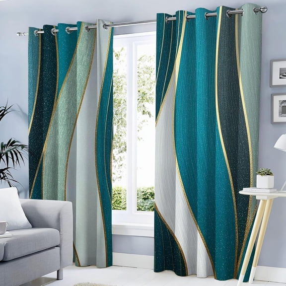 Turquoise Blackout Curtains Luxury Stripes Curtains For Living Room Thermal Insulated Privacy Drapes For Bedroom, Modern Geometric Texture Print Window Treatment-38"W x 45"L (Pack of 2)