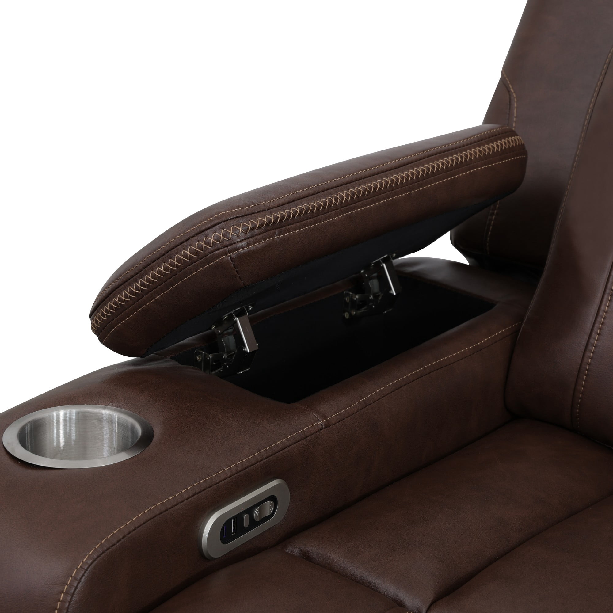 Gewnee 3‑Seater Power Recliner Sofa, Air Leather, USB & Type‑C Wireless Charging, Armrest Storage, Flip‑Up Tea Table, LED Light, Home Theater Seating for Living Room，Reddish-brown