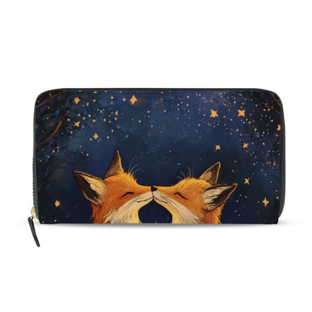 Foxes Kiss under Starry Night Valentine Women's Long Zipper Wallet Bifold Clutch Purse PU Leather Card Cases