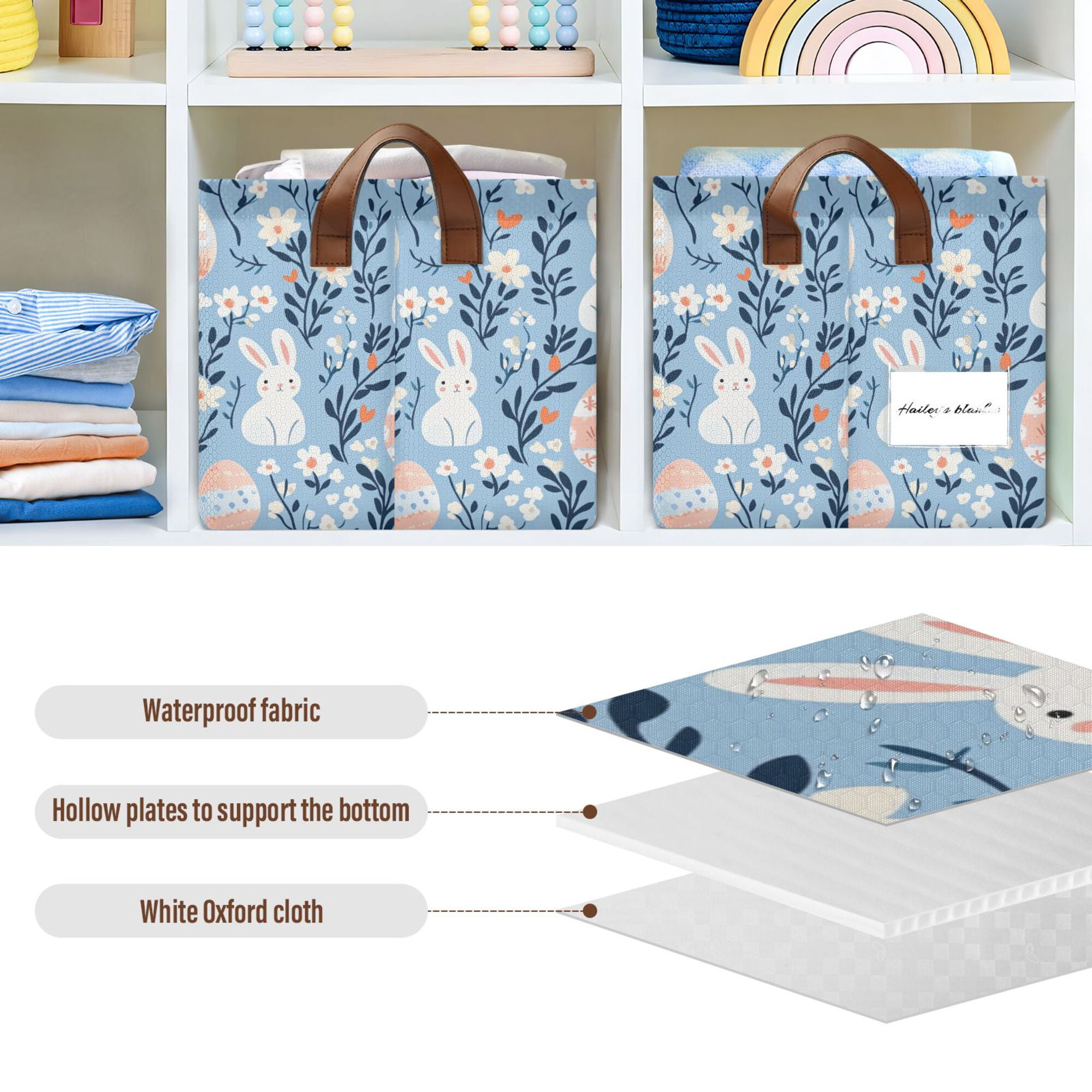 Yayeee Foldable Storage Basket for Shelves Set of 2 Waterproof Cloth Bins with Handles, Floral Easter Rabbits