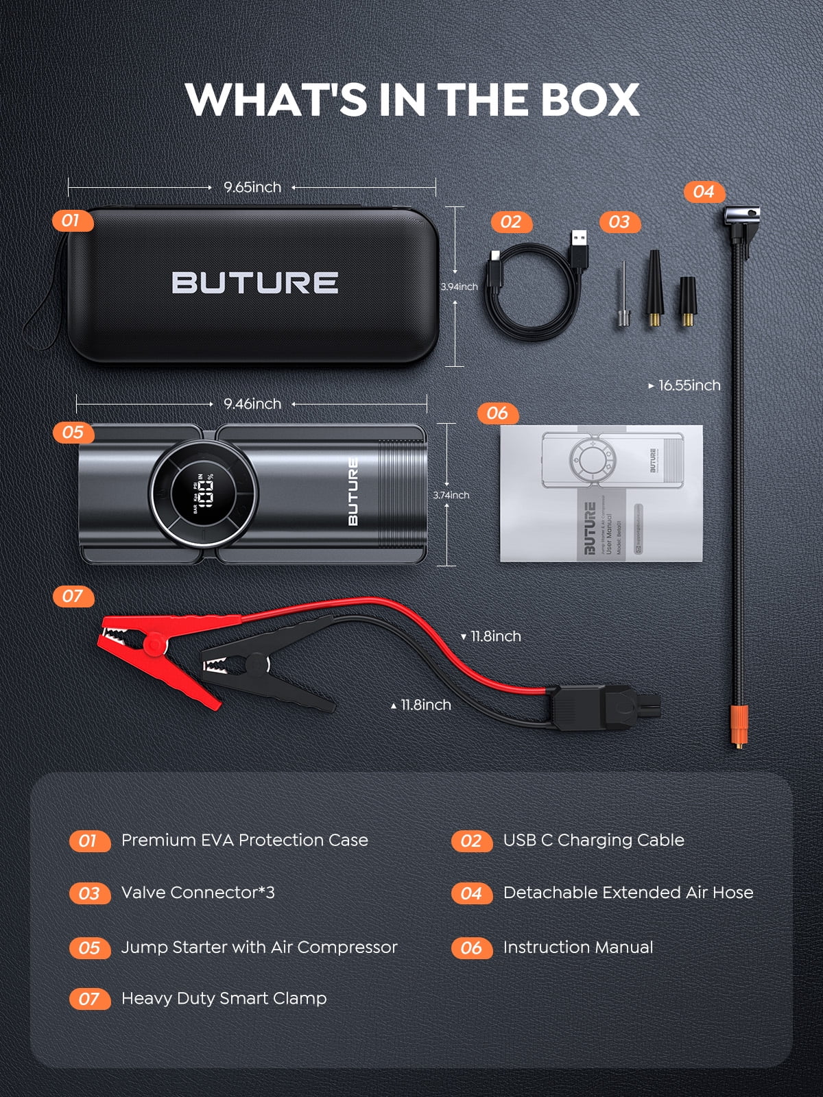 BUTURE Portable Car Jump Starter with Air Compressor 150PSI 2500A 23800mAh Battery  Booster Pack All Gas/8.0L Diesel Digital Tire Inflator Fast Battery Charger  3.0 with 120W DC Out 