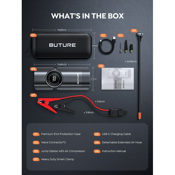 アクセサリー BUTURE Jump Starter with Air Compressor Buture Beta01 Smart Jump Starter 3500A with Air Compressor