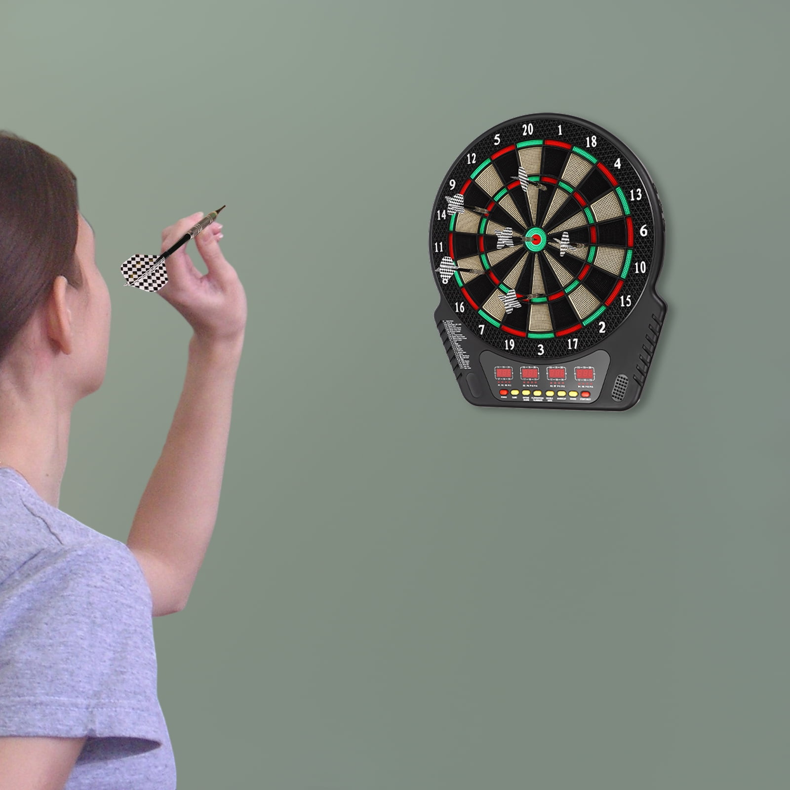 Peakora Electronic Tip Dartboard Cabinet Set with 6PCS Darts Innovative Electronic Dart Board Soft Tip Dartboard Set for Game Room 27 Games with 243 Variants Colorful LED