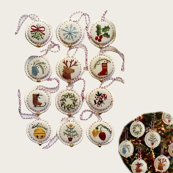 12 Pcs Hand Embroidery Multifunctional Circle Christmas Ornaments Kit,Christmas Embroidery Kits for Adults Beginners
