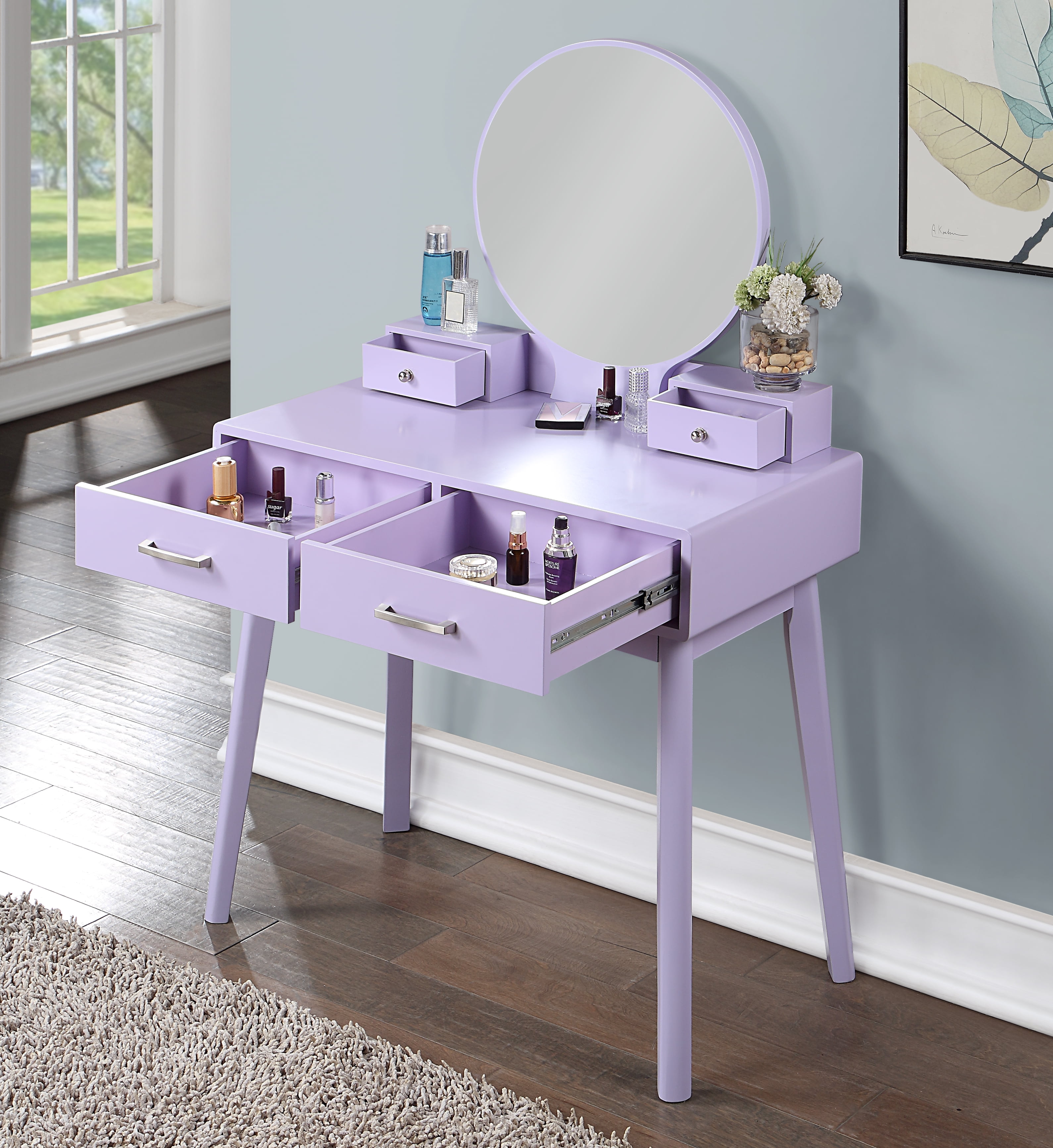 Mintazer Modern Vanity Table Set, Round Mirror Makeup Dressing Table with 4 Drawers & Upholstered Stool for Bedroom, Purple