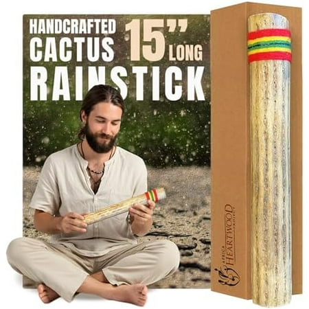 15" Cactus Rainstick from Chile - Authentic Handcrafted Rain Stick Musical Instrument with Rasta Yarn Wrap and Durable Sealant