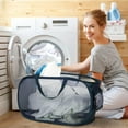 thumbnail image 2 of Durable Collapsible Laundry Baskets, Mesh Pop Up Laundry Hamper with Side Pocket, Foldable Clothes Storage Hamper with Reinforced Carry Handles for Laundry, Bathroom, Kids Room, Dorm or Travel Navy, 2 of 7