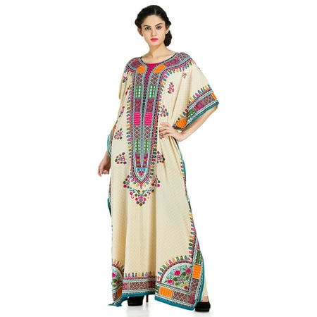 Long Dresses Free Shipping Off-White Kaftan Dresses for Women Embellished Plus Size Caftan Dress Kaftans Free Size Long Beach Cover-Up for Ladies Summer Womens Fashion by Goood Times ()