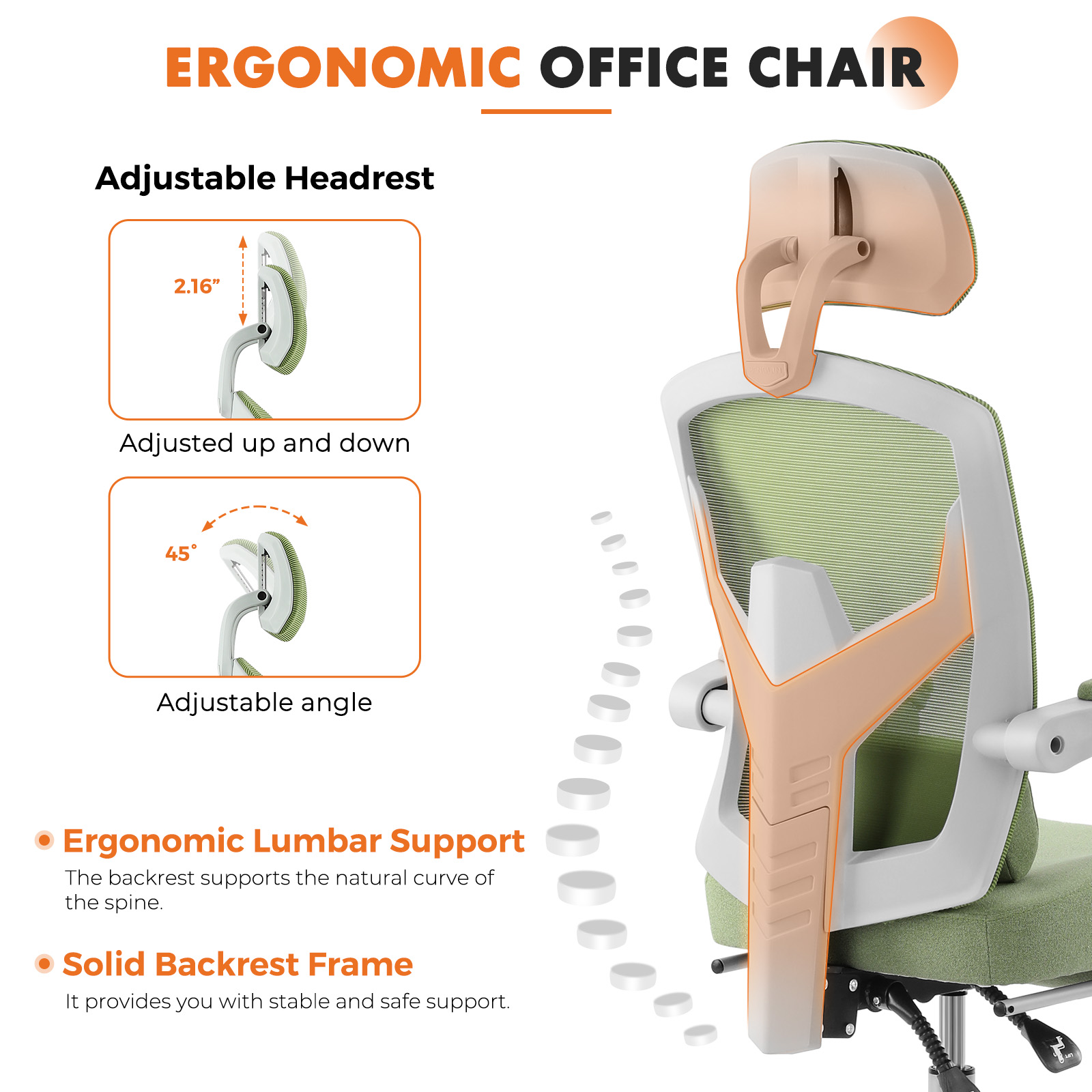 CONCETTA Ergonomic Mesh Office Chair, High Back Swivel Chairs with Adjustable Lumbar Support, Headrest, Footrest, and Armrests, Green