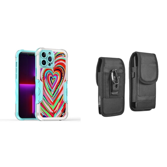 Case and Pouch Bundle for iPhone 14: Heavy Duty Armor Rugged Case (Abstract Love Hearts) and Vertical Rugged Nylon Belt Holster