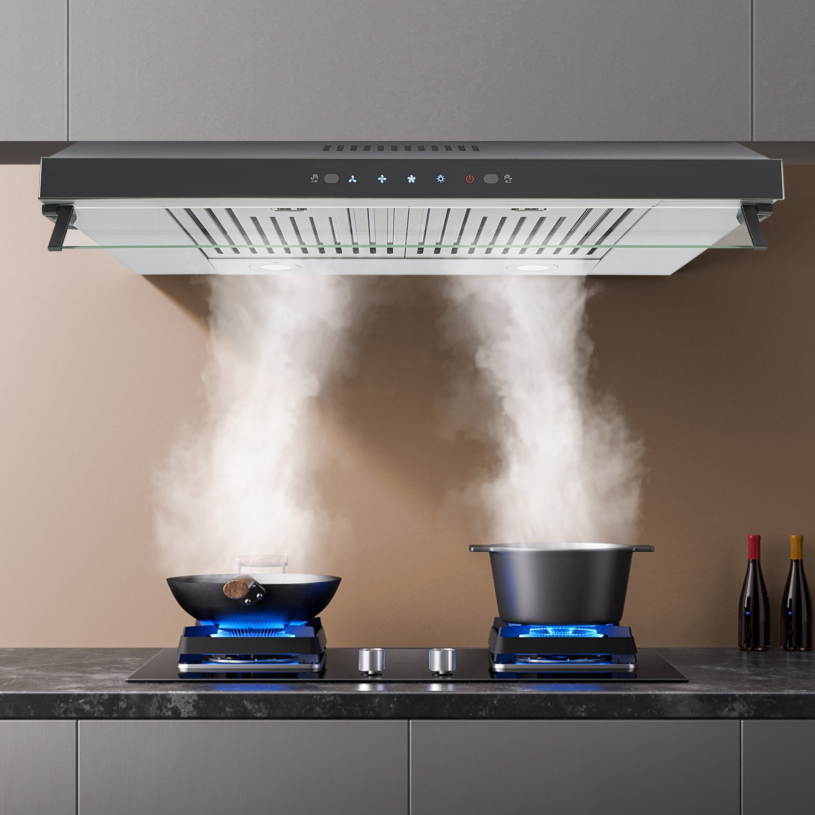 Range Hood, 30 Inch Under Cabinet Range Hood, 900CFM Kitchen Range Hoods, Stainless Steel Hood Vent Hoods with 3 Speeds Exhaust Fan, LED Lights, Baffle