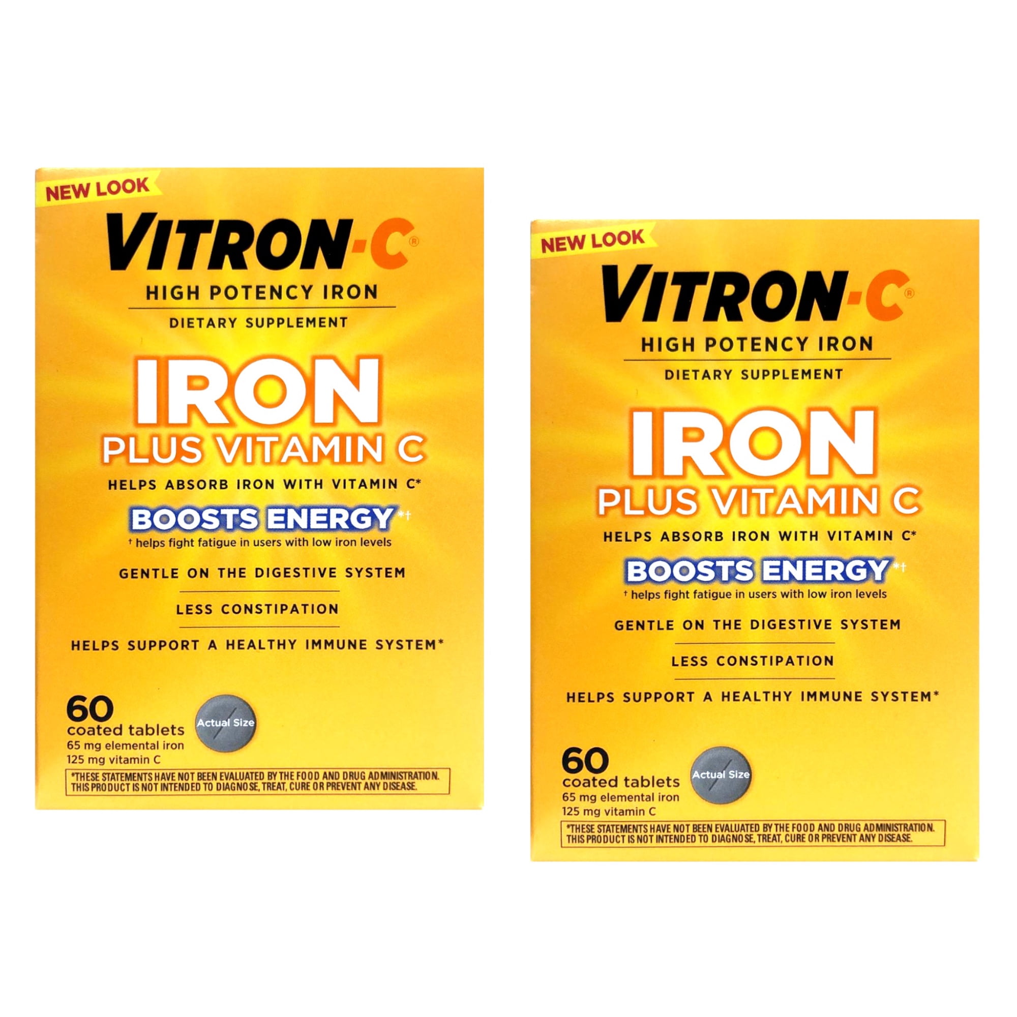 Vitron-C High Potency Iron Plus Vitamin C, Helps Absorb Iron, Gentle on Digestive System, Less Constipation, 60 Coated Tablets (pack of 2)