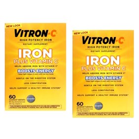 Vitron-C High Potency Iron Plus Vitamin C, Helps Absorb Iron, Gentle on Digestive System, Less Constipation, 60 Coated Tablets (pack of 2)