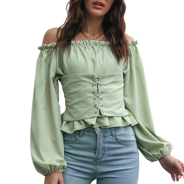 Camisa de mujer con hombros descubiertos, mangas largas con cordones en la cintura, corsé Eccomum Verde/Pequeña