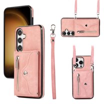 ELEHOLD Wallet Crossbody Case for Samsung Galaxy A15 with RFID Card Slots Zipper Pocket Kickstand Function Shockproof Galaxy A15 Purse Case with Detachable Shoulder Strap,Rosegold