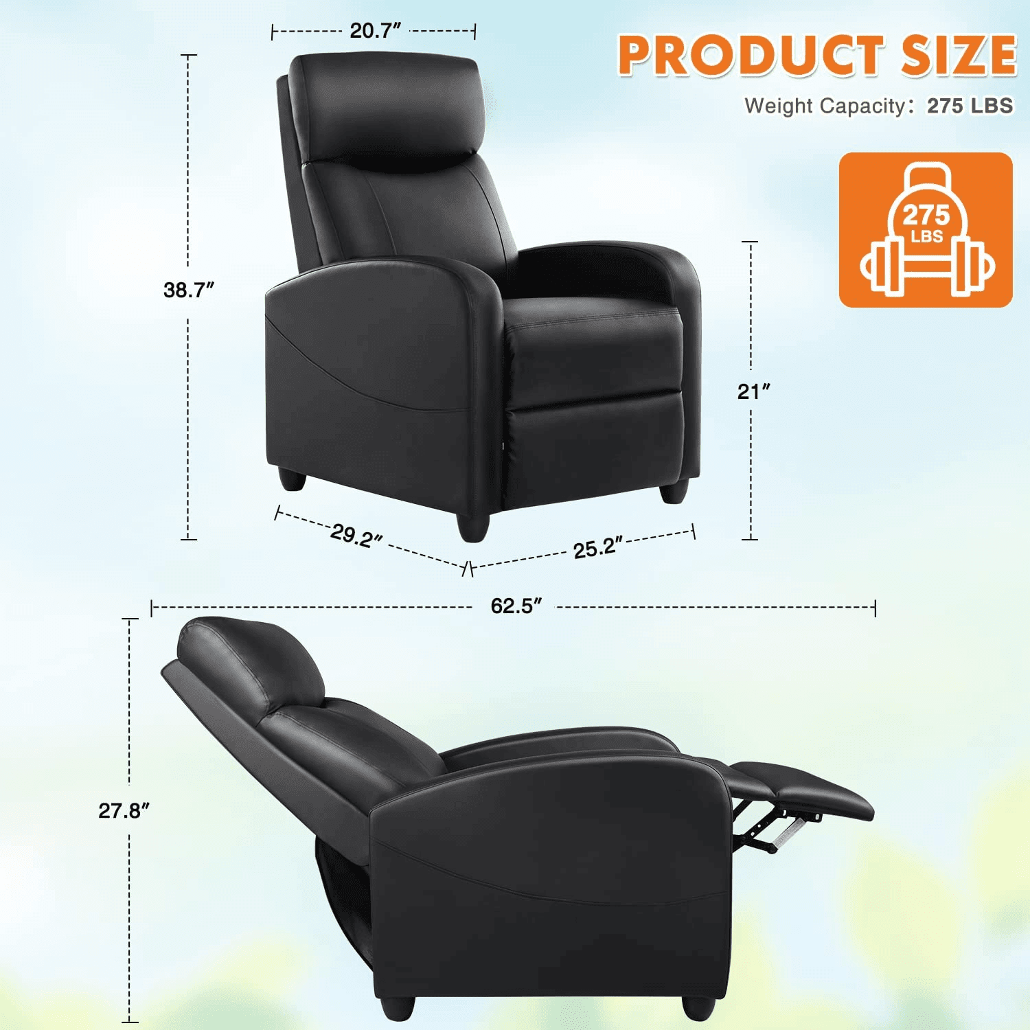 Manual Recliner Chair Sofa with Massage and Heating, Overstuffed Push Back Reline Chair, Lumbar Support Home Theater for Living Room, Black