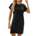 thumbnail image 2 of YHAJDS Women's Short Sleeve Round-Neck Mid-Calf Dress Solid Color Loose Paneled Casual, 2 of 5