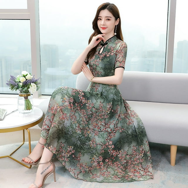 Robe Cheongsam à Manches Courtes Minceur Mi-Longueur pour Femme