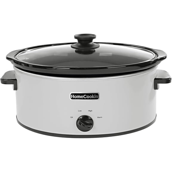 HZAT 6 Qt Oval Manual Slow Cooker, 3 Settings, Food Warmer, White Stainless Steel Pot