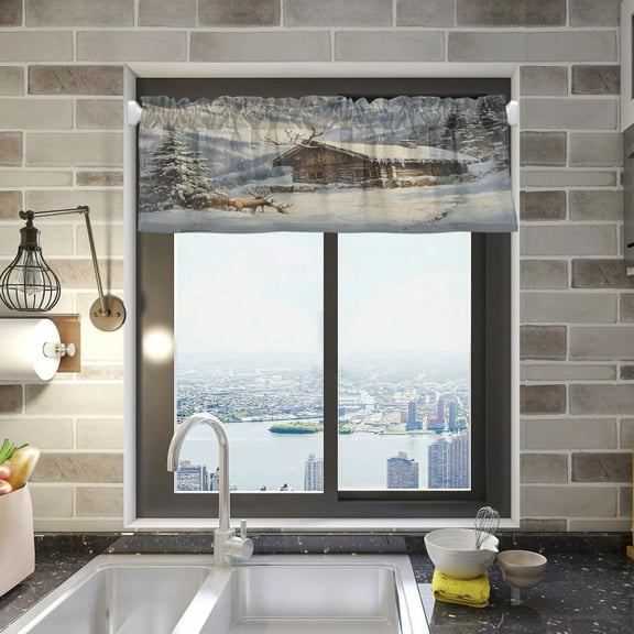 BZSMCE Alance Curtains Wooden Cabin Covered in Snow Design Modern Style Pattern Window Curtain Valance 52W" x 18L" for Kitchen Living Room Bedroom