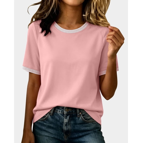 Babysbule Women Crew Neck Contrast Rib Trim Raglan Short Sleeve Loose Casual Tee for Summer Daily Vacation Outfits