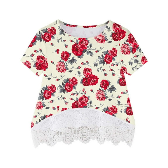 FAMTKT Girls Shirts Short Sleeve Tee Crewneck Layered Floral Print T-Shirts Summer Cotton Blouse Lace Tee Top