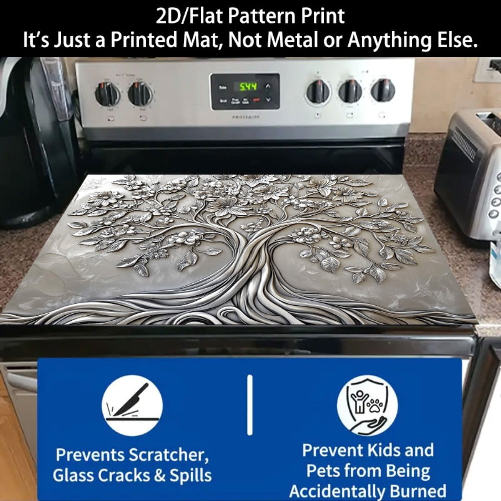 1 2D/flat stove cover protection pad, silver embossed wind flower branch leaf tree pattern design, 28.3x20.5 inches (72×52cm), easy to clean, perfectly suitable for any kitchen, washing machine, drye