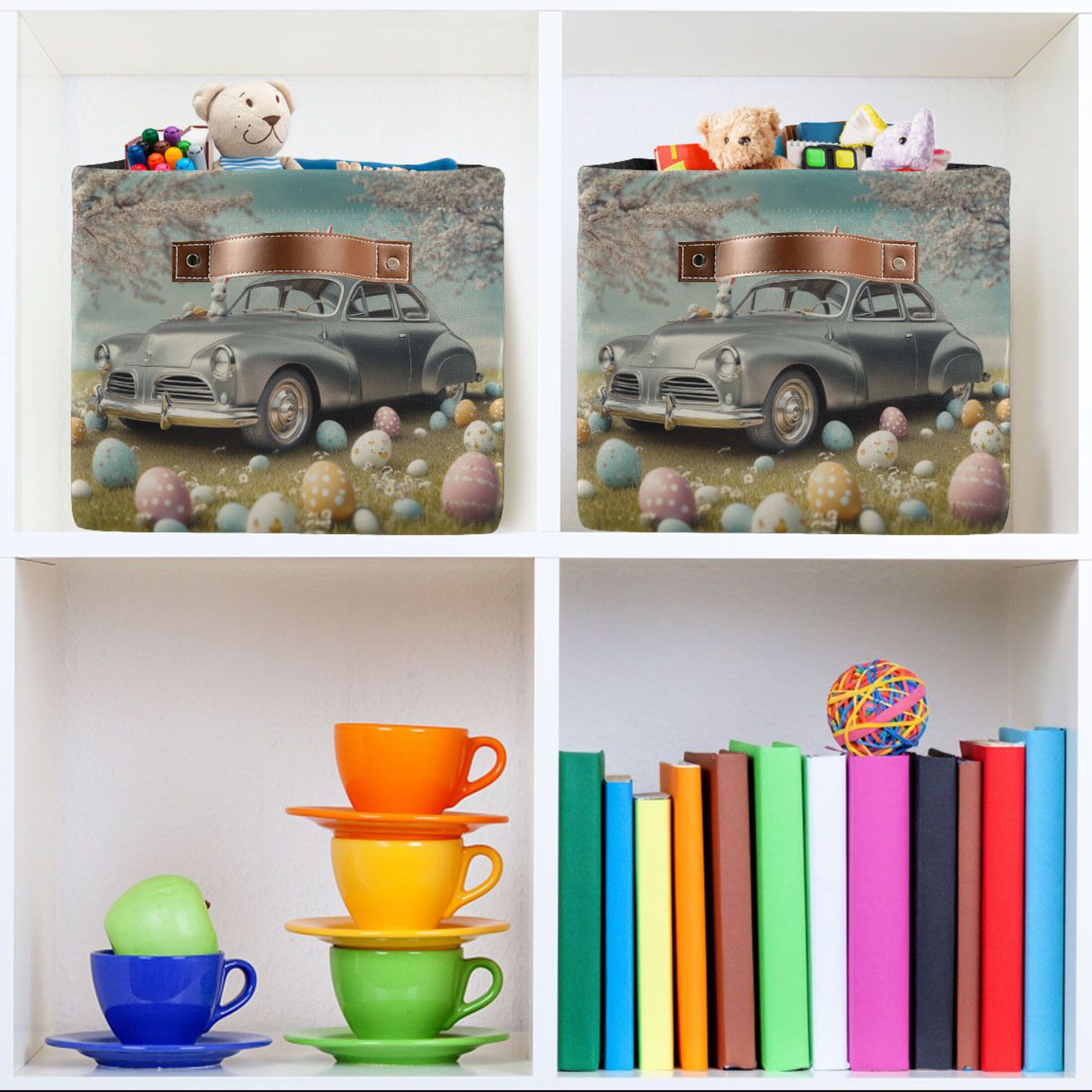 Car and Easter Eggs Foldable Storage Basket,Canvas Fabric Foldable Storage Bins with Handles Open Home Storage Bins Boxes for Toy Book Shelf Closet Baskets