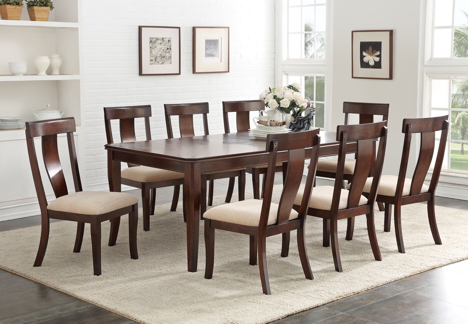 Rowena 9 Piece Formal Dining Room Set, Cherry Wood, Rectangular