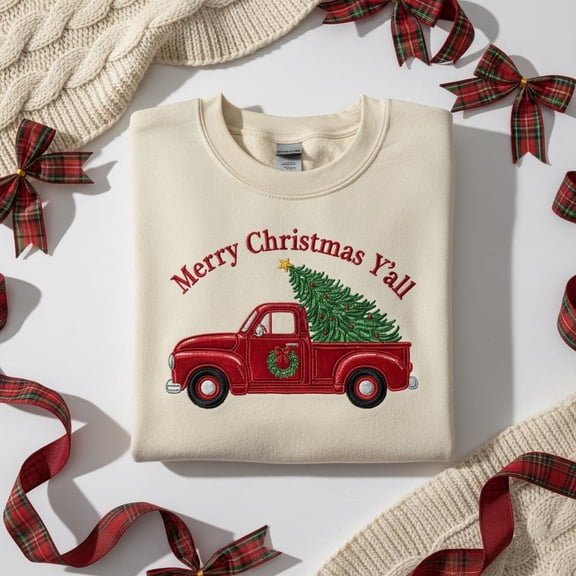 Embroidered Merry Christmas Y'all Sweatshirt, Red Vintage Truck Hoodie, Holiday Xmas Tree Crewneck, Southern Christmas Gift