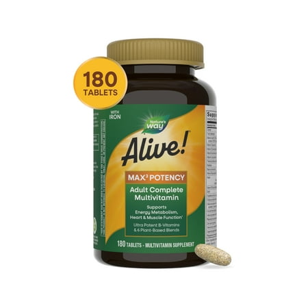 Alive! Max3 Daily Multivitamin Supplement with Iron, Max Potency, 180 Count