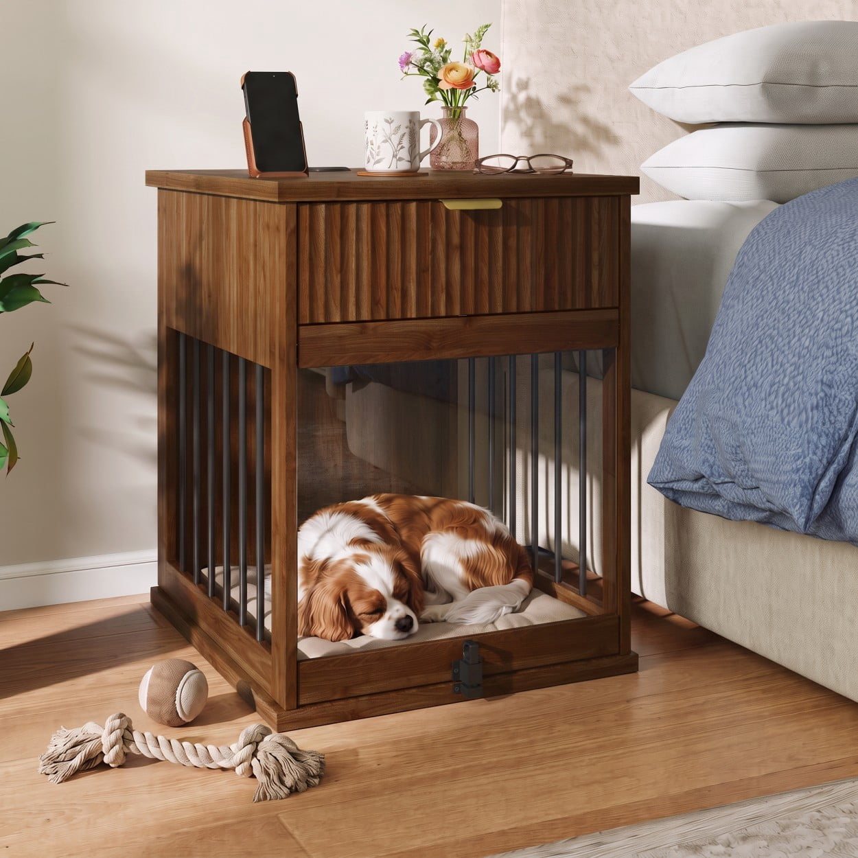 Dog Crate Furniture End Table with Charging Station, Wooden Kennel with Hideaway Tempered Glass Door, Storage Drawer, Indoor Pet House for Small & Medium Dogs, Antique Brown