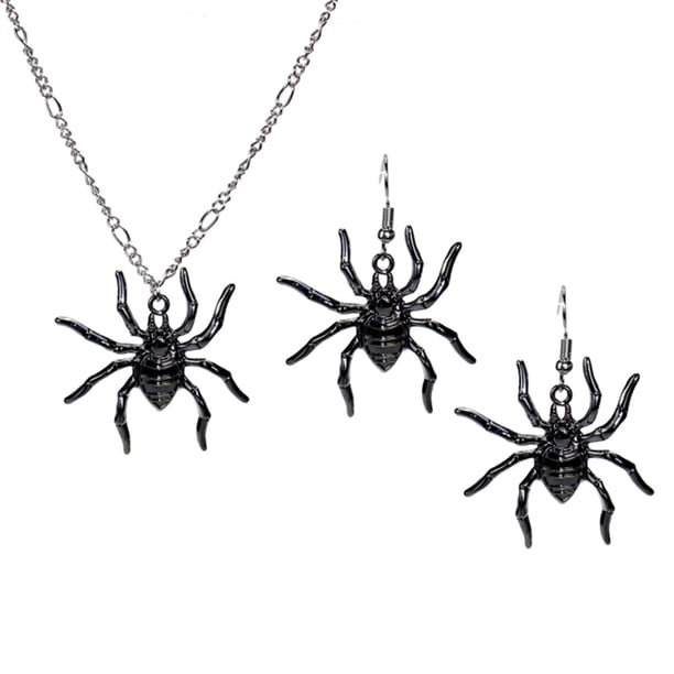 3PCS Halloween Spider Shape Colgante, collar y aretes Set Cartoon Masquerade Costume Party Cosplay Accesorios de joyería (Plata, Negro)